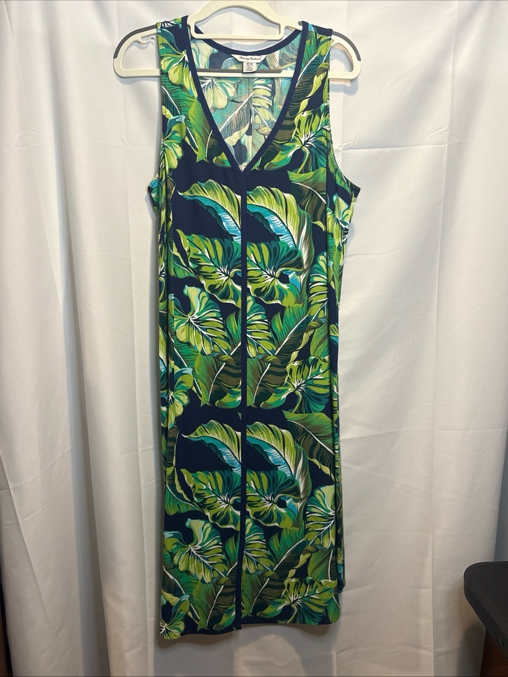 Tommy Bahama Navy Midi Dress with Green Tropical Leaf Print